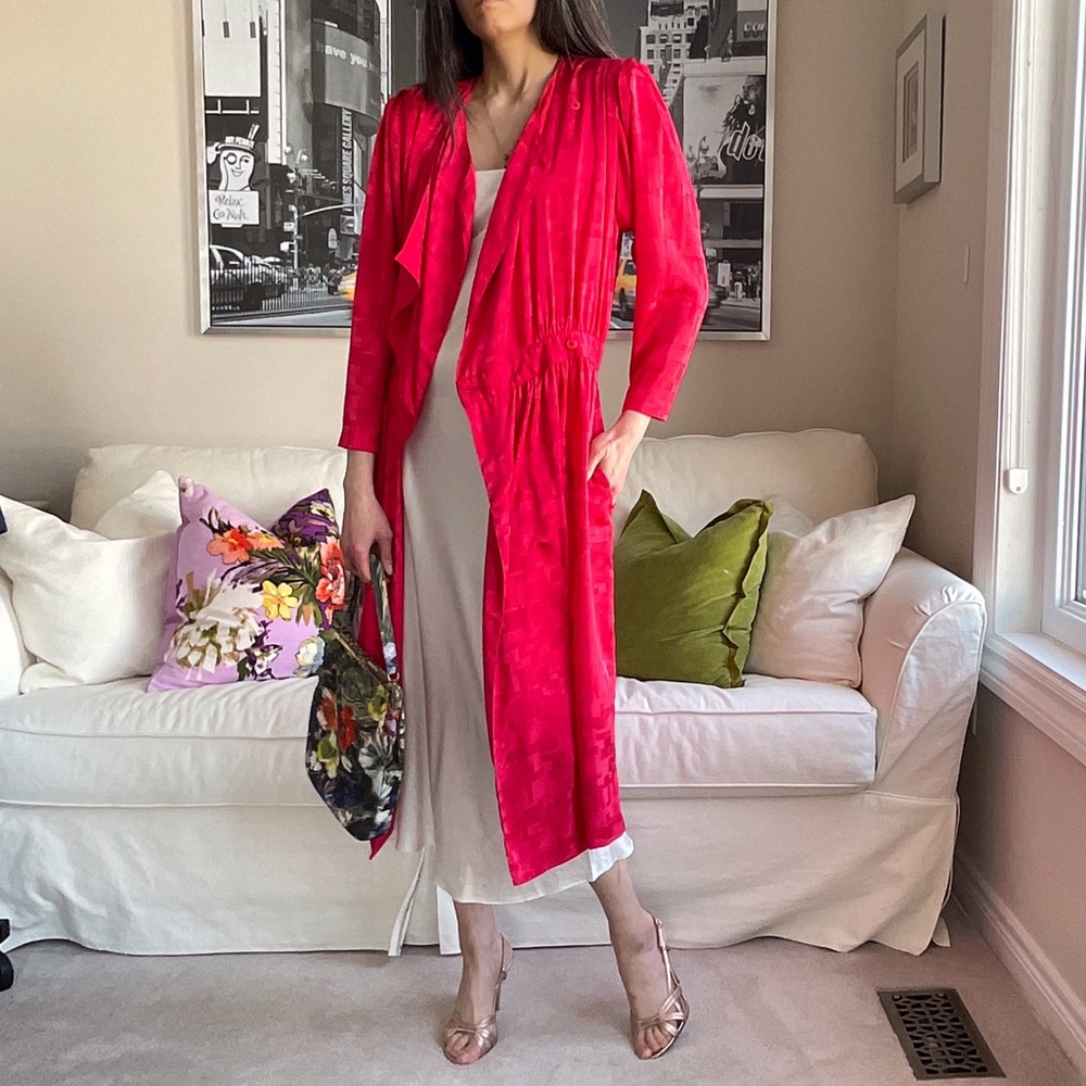 Vintage Holt Renfrew Red Tonal Pattern Wrap Midi Dress - Picture 2 of 16